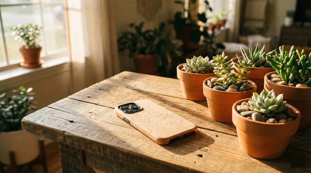 綠色植物旁的iPhone手機象徵環保與再生