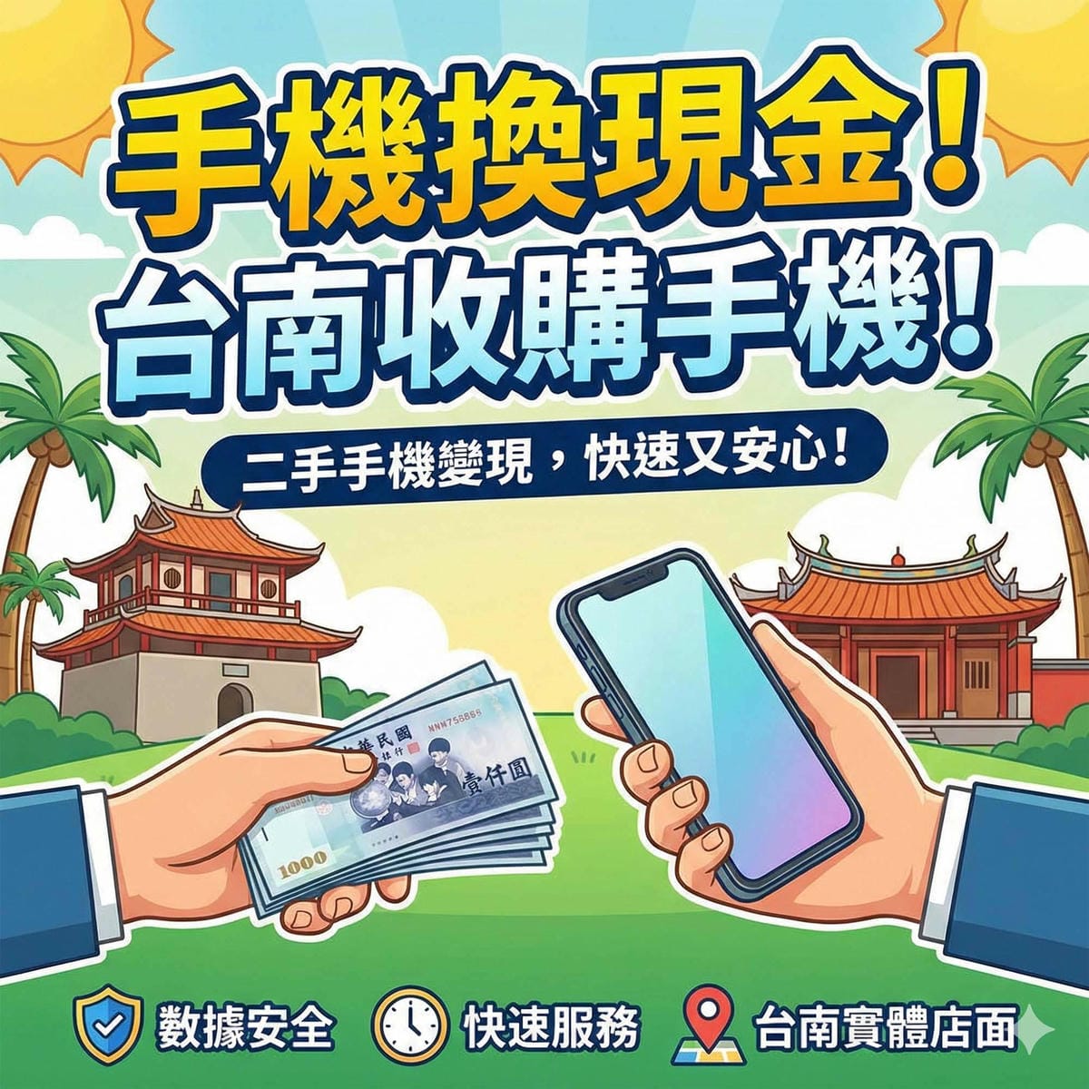 台南使用者在實體門市進行手機換現金與線上回收平台的比較示意圖 / Illustration comparing mobile phone for cash at a physical store versus online recycling platform for a user in Tainan.